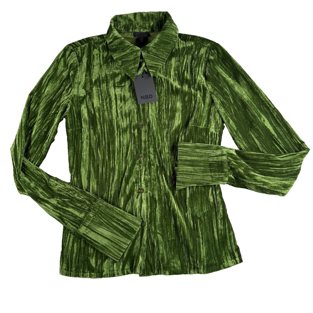 NBD Top Womens XS Green Button Up Velour Long Sleeve 70s Boho Hippie Career NWT